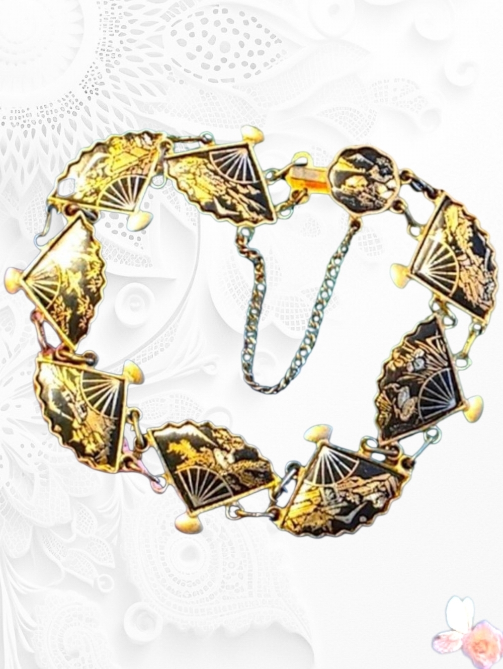 Elegant Vintage Japan Damascene Fan Panel Bracelet Black Gold Scenic 113